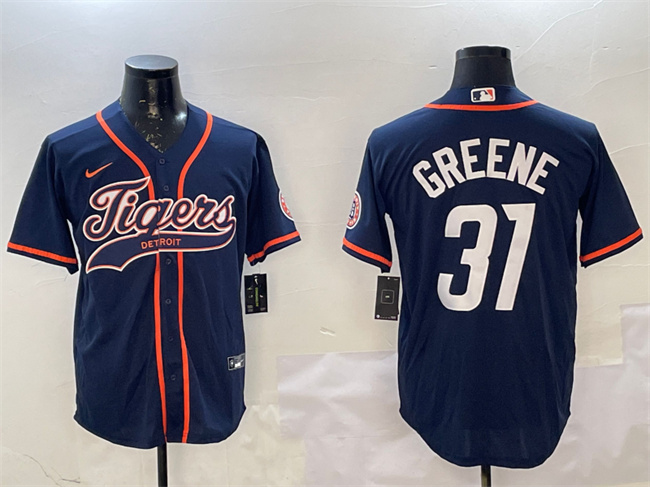 Men's Detroit Tigers #31 Riley Greene Navy With Patch Cool Base Stitched Baseball Jersey Men's Detroit Tigers #31 Riley Greene Navy With Patch Cool Base Stitched Baseball Jersey